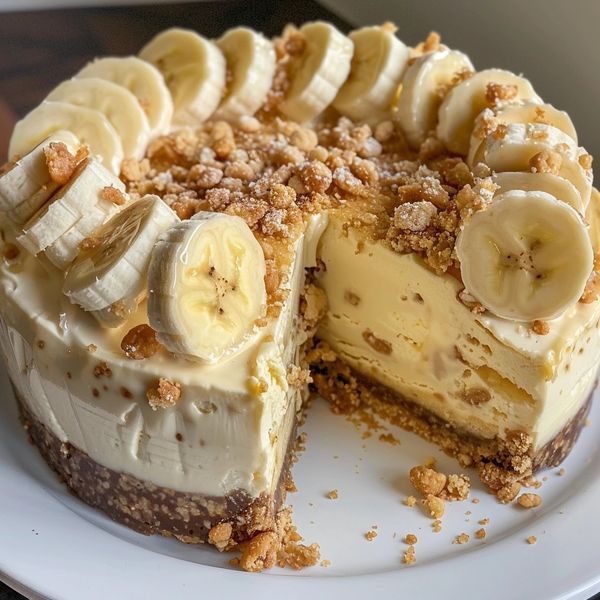 there is a cake with bananas on the top and crumbs all over it