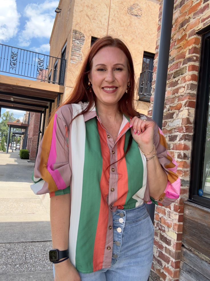 Get ready to turn heads with our Fall Lines Blouse! This stunning collared top is a must-have for any fashion-forward individual. Featuring a multicolor striped design and button closure at the cuffs, this lightweight and non-sheer blouse is perfect for any occasion. Elevate your style with this unlined, woven piece that exudes confidence and sophistication. Summer Bash, Collared Top, Curvy Dress, Collar Top, Sheer Blouse, Elevate Your Style, Dress Romper, Stripes Design, Tank Dress