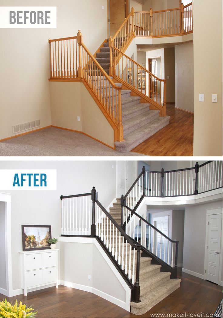 before and after pictures of a home's interior remodel, including stairs