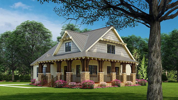 this is an artist's rendering of a house in the country style with porches