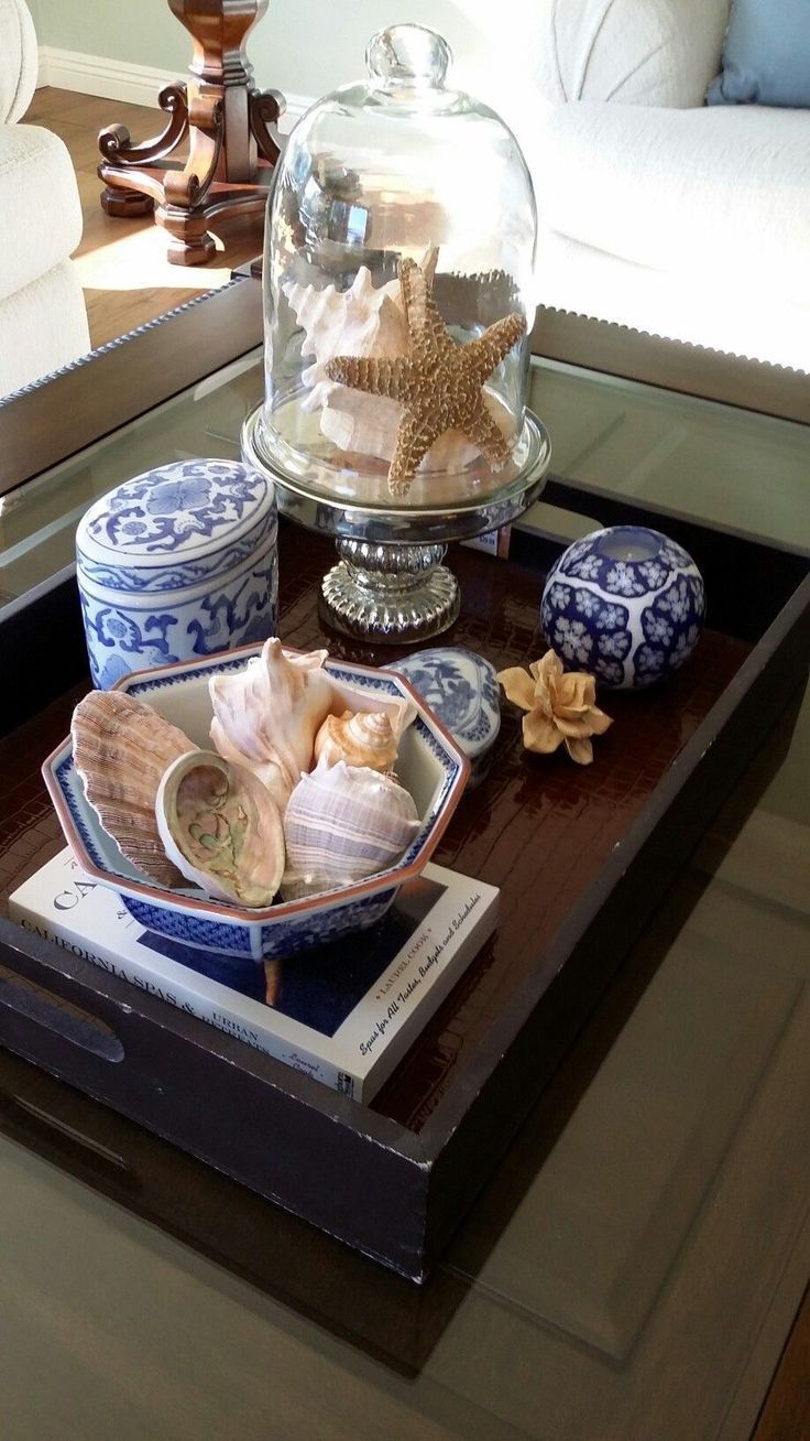 a tray with sea shells and other items on it