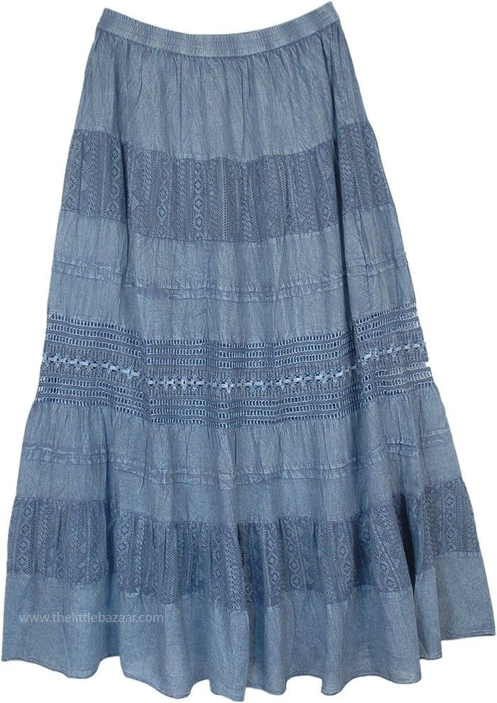 Blue Flowy Skirt, Bohemian Flowy Skirt With Crochet Trim, Bohemian Blue Tiered Bottoms, Blue Bohemian Tiered Bottoms, Bohemian Tiered Skirt With Lace Trim, Summer Blue Washed Skirt, Casual Blue Lace Bottoms, Bohemian Tiered Skirt With Crochet Trim, Casual Tiered Bottoms With Lace Trim