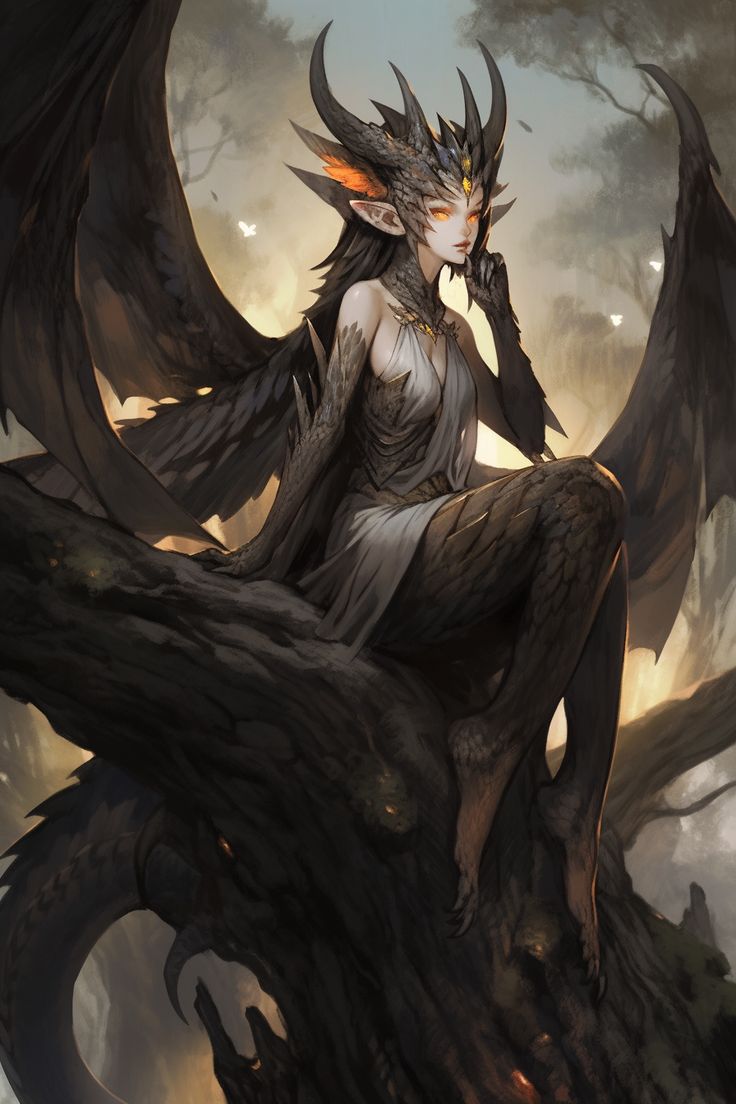 a woman sitting on top of a tree branch next to a demon with horns and wings