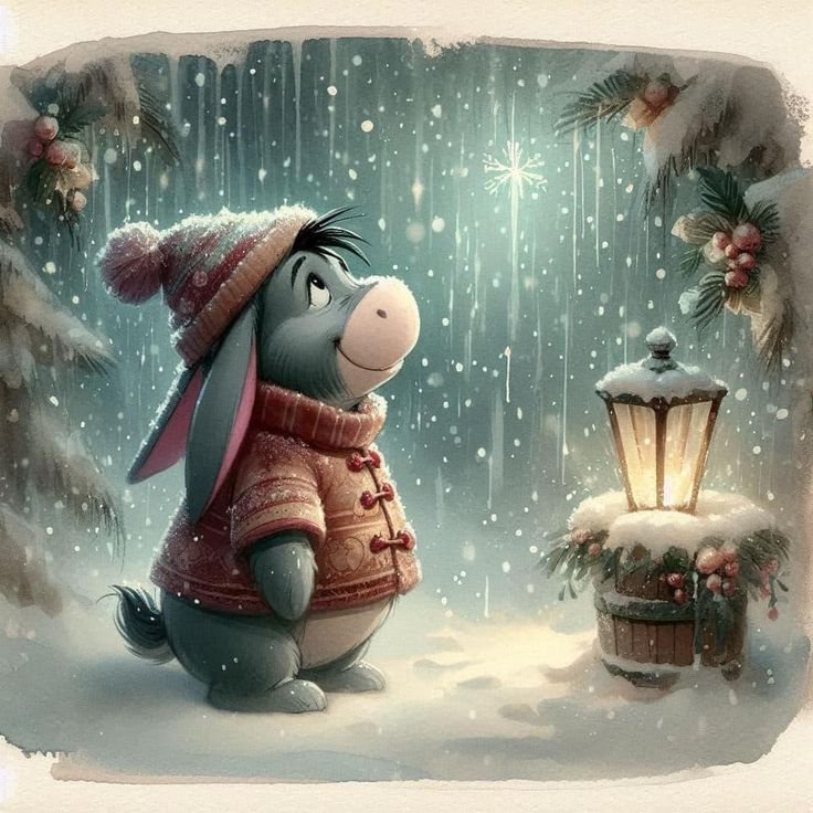 a rabbit dressed in winter clothes standing next to a lantern