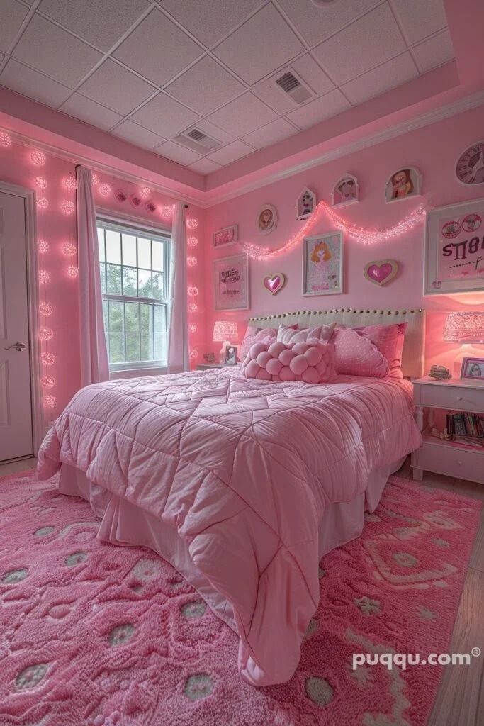 a bedroom with pink walls and carpeted flooring is lit up by fairy lights