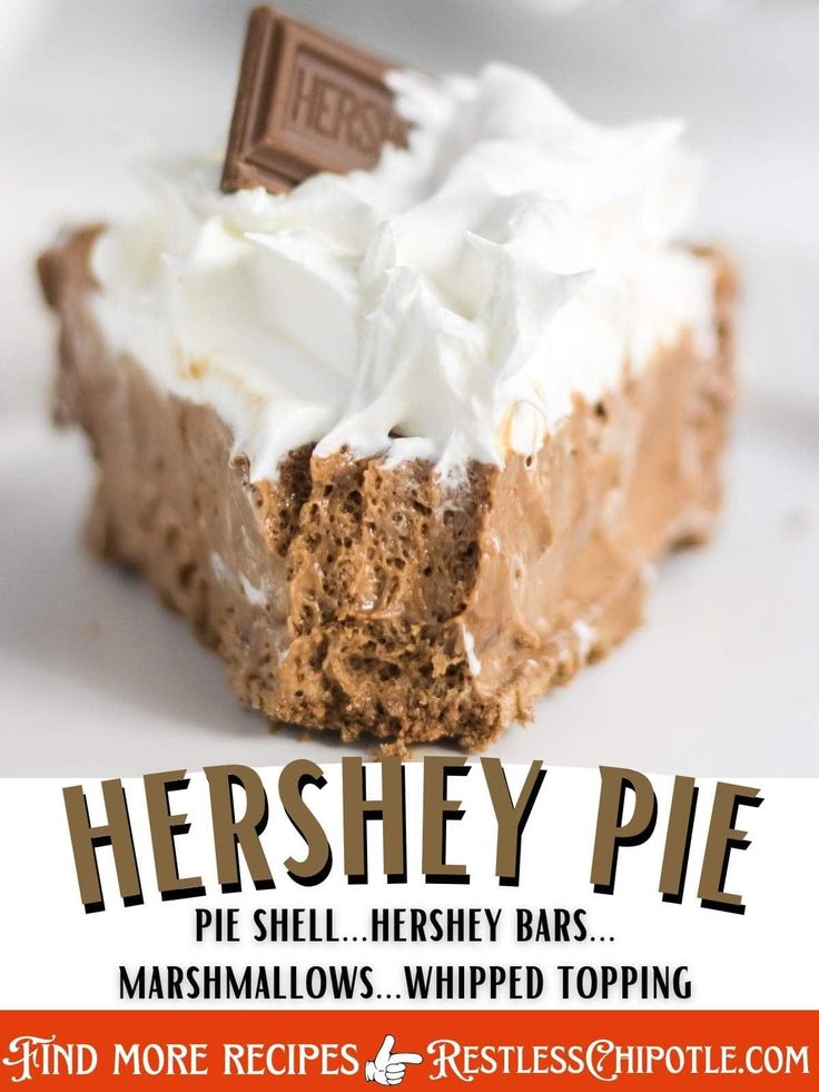 there is a piece of pie with marshmallows on it and the words hershey pie above it