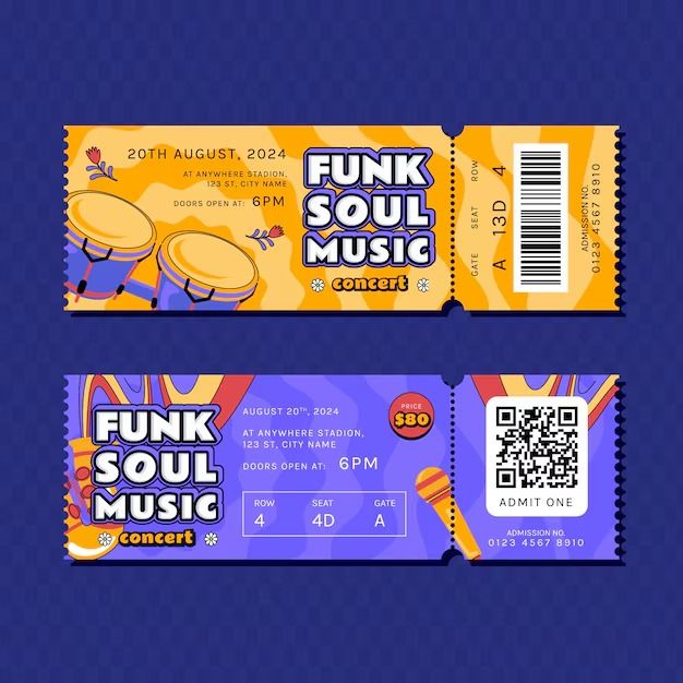 two tickets with the words funky soul music printed on them, one for each ticket