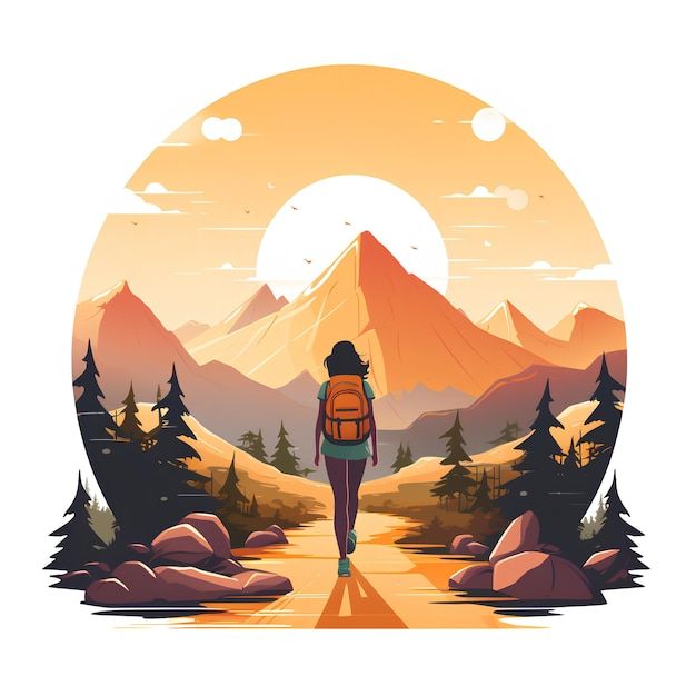 a person with a backpack walking down a path in the mountains at sunset or sunrise