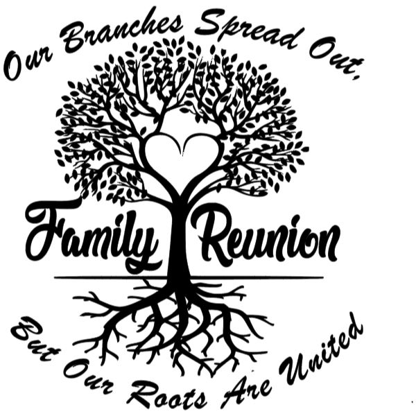 the family reunion logo is shown in black and white, with an image of a tree