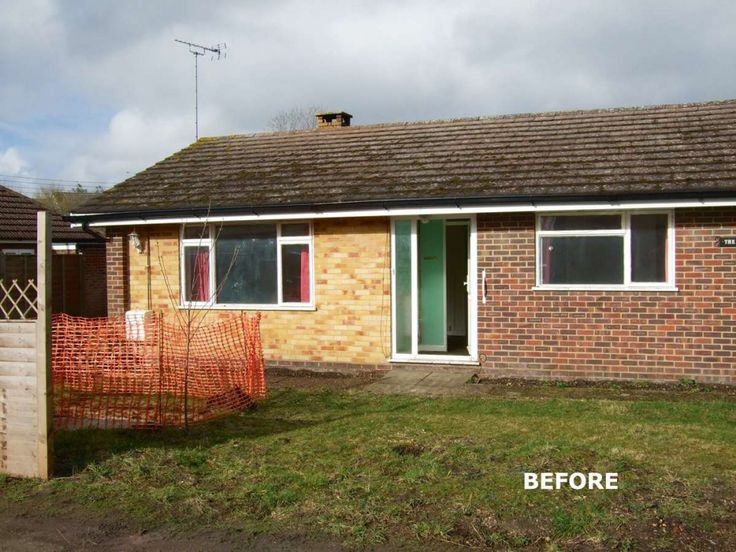 the before and after pictures of a brick house with green door, windows, and fence