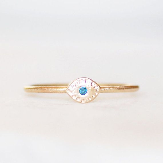 Blue Diamond Evil Eye Ring - Skinny Gold Band - Choose 14k OR 18k Eco-Friendly Recycled Gold Fine Jewelry Gold Diamond Ring With Blue Topaz, Blue Emerald Ring With Bezel Setting, Blue Diamond Promise Ring In 14k Gold, Unique Single Diamond Ring As Gift, Blue 14k Gold Birthstone Ring For Promise, Blue 14k Gold Birthstone Promise Ring, Gold Sterling Silver Turquoise Promise Ring, Gift Blue Diamond Ring With Bezel Setting, Blue 14k Gold Stackable Promise Rings