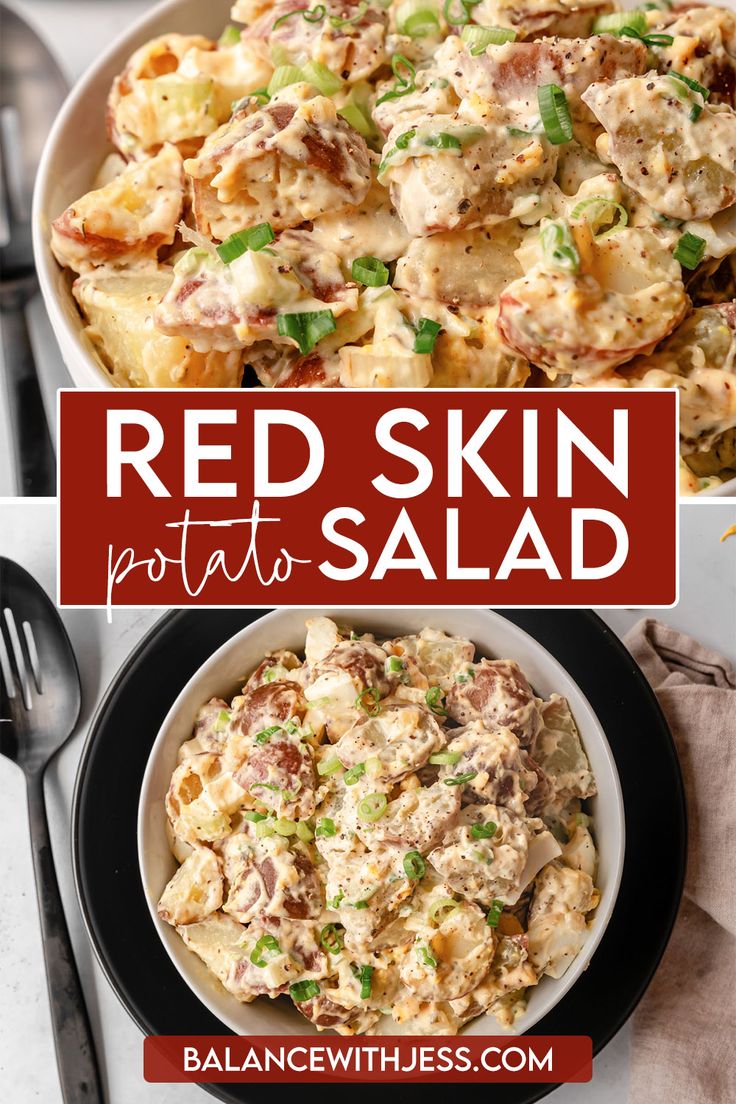 red skin potato salad in a white bowl with text overlay that reads, red skin potato salad