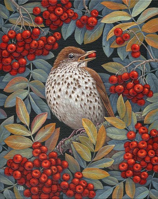 a painting of a bird on a branch with berries