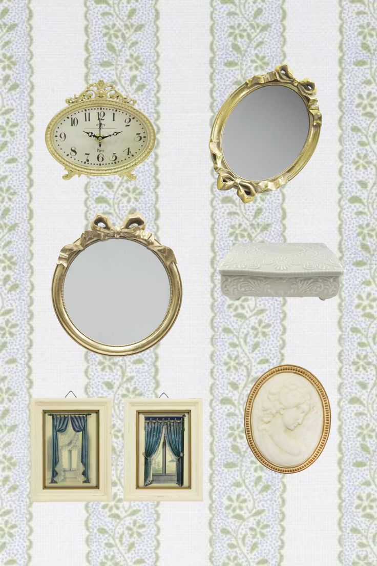 there are four mirrors and two pictures on the wall next to each other, one has a clock