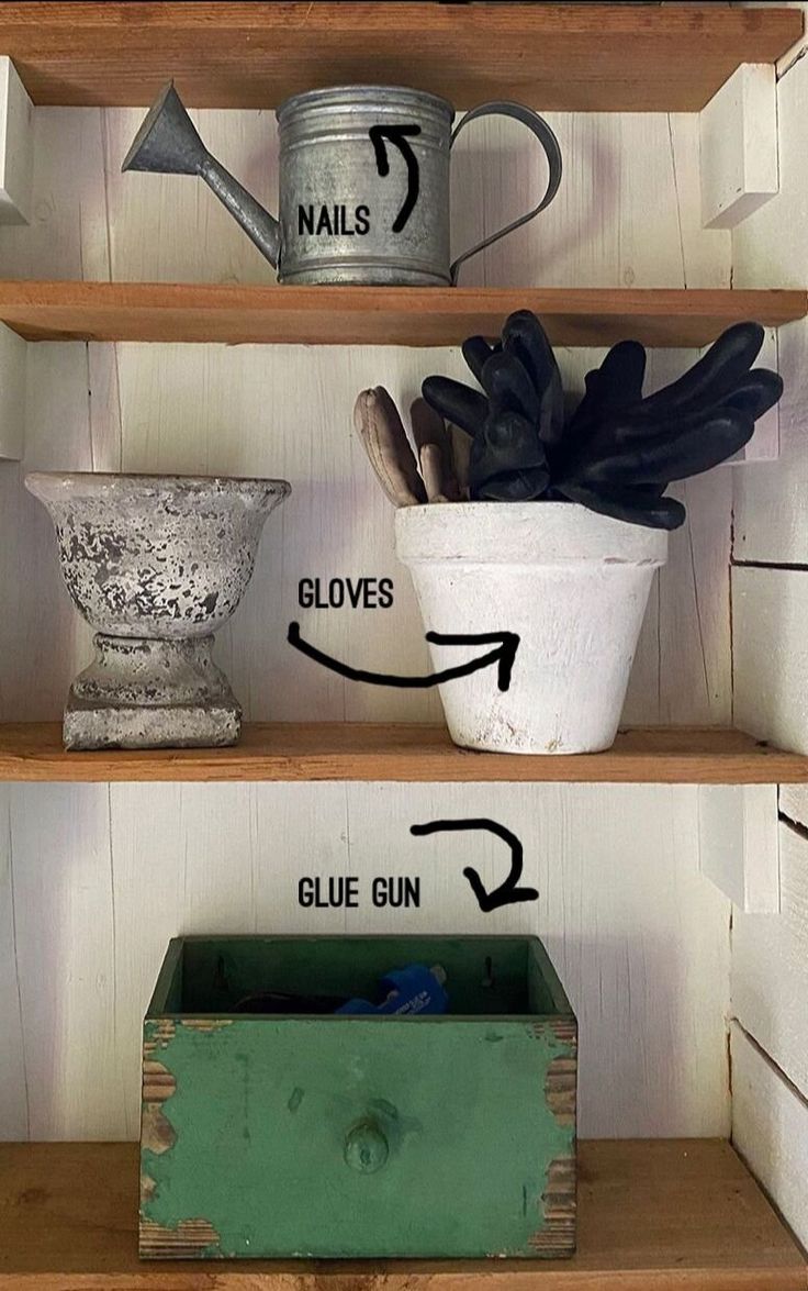 the shelves are labeled with different types of gardening tools and pots on them, along with an arrow pointing to each other