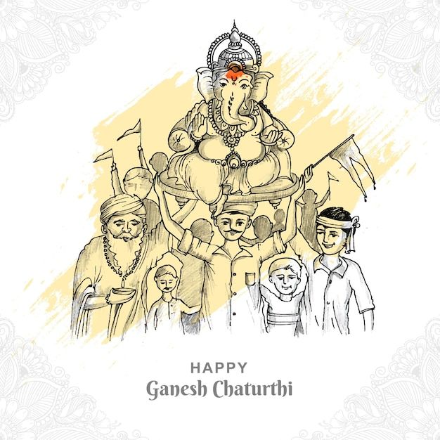 happy ganesh chaturthi greeting card with sketched image of lord ganesh