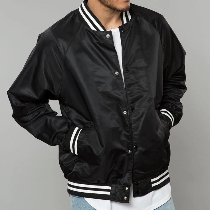 Brand: Urban Outfitters (Uo) Style: Black Satin Varsity Baseball Jacket With Black & White Trim Collar And Cuffs. Black Snap Buttons. Side Pockets. Size: Xl Mens Or Unisex/Womens Material: Satin Polyester Condition: Brand New With Tags Wear As Is Or Add/Customize With Patches & Pins! Black Outerwear With Pockets For College, College Style Black Outerwear With Pockets, Black Track Jacket With Pockets For College, Classic Black Varsity Jacket With Baseball Collar, Urban Black Windbreaker With Ribbed Cuffs, Black College Style Varsity Jacket With Pockets, Classic Black Long Sleeve Windbreaker, Classic Long-sleeved Black Windbreaker, Black College Windbreaker With Ribbed Cuffs