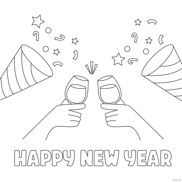 happy new year coloring page with two people toasting wine glasses and confetti