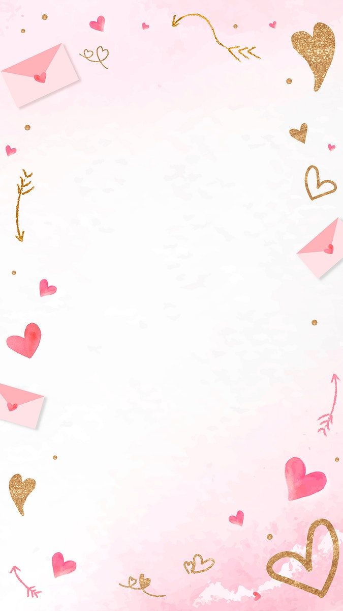 pink and gold valentine's day background with hearts, envelopes, arrows and confetti