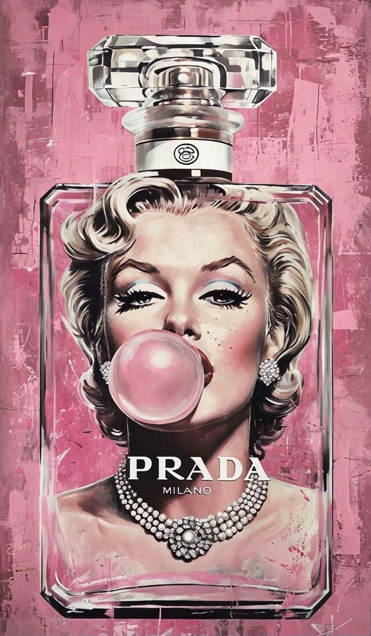 a painting of a woman with a bubble in her mouth and the words prada on it