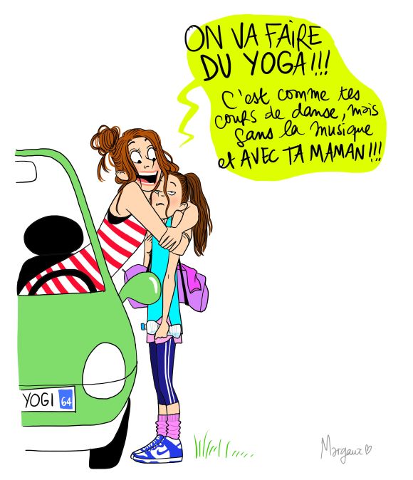 a drawing of two women hugging in front of a green car with the words on va fare du yoga