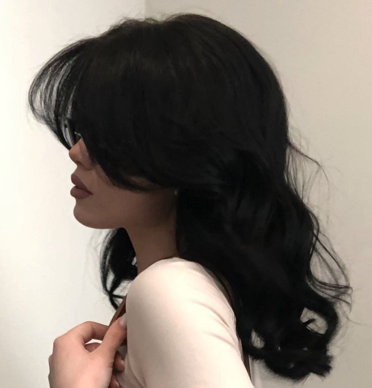 Dark Hairstyles Aesthetic, Black Hair Color Styles Short, Heavy Long Layers, Black Hair Tan Skin Brown Eyes, Dark Long Hairstyles, Black Hair Faceless Aesthetic, Girl With Black Hair Aesthetic, Long Black Hair With Curtain Bangs, Jet Black Hair Short