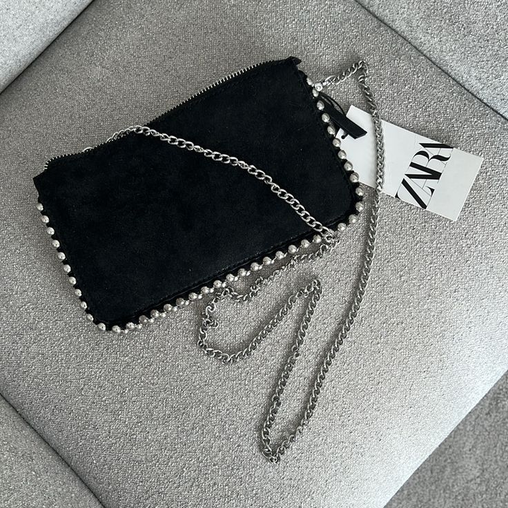 Zara Studded Crossbody Wallet Bag Black Chic Silver Zara Shoulder Bag, Zara Silver Shoulder Bag For Evening, Silver Zara Shoulder Bag For Evening, Zara Silver Evening Shoulder Bag, Zara Party Bags With Chain Strap, Trendy Evening Crossbody Wallets, Zara Clutch Bag With Chain Strap, Zara Crossbody Party Bag, Zara Clutch With Chain Strap