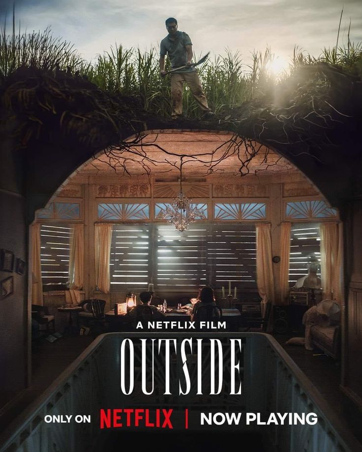 the poster for netflix's outside, which features a man standing on top of an open