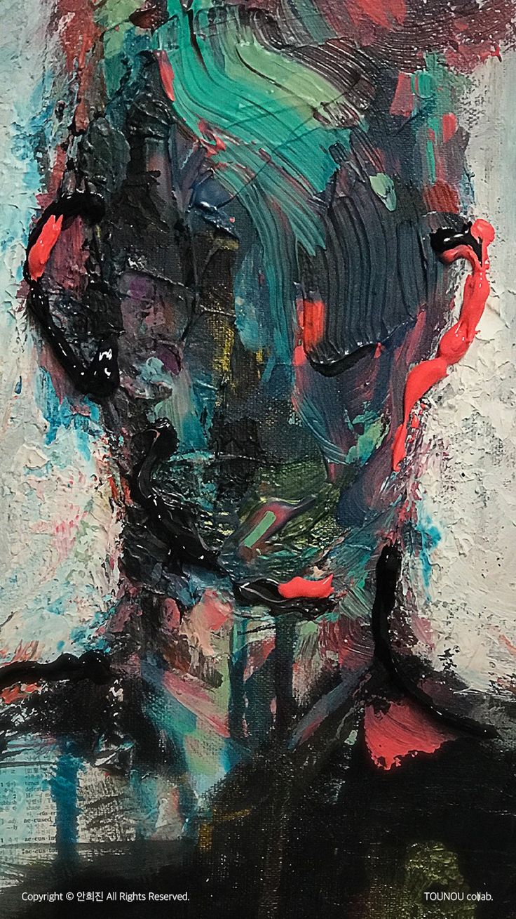 an abstract painting of a man's face with red, green and black colors