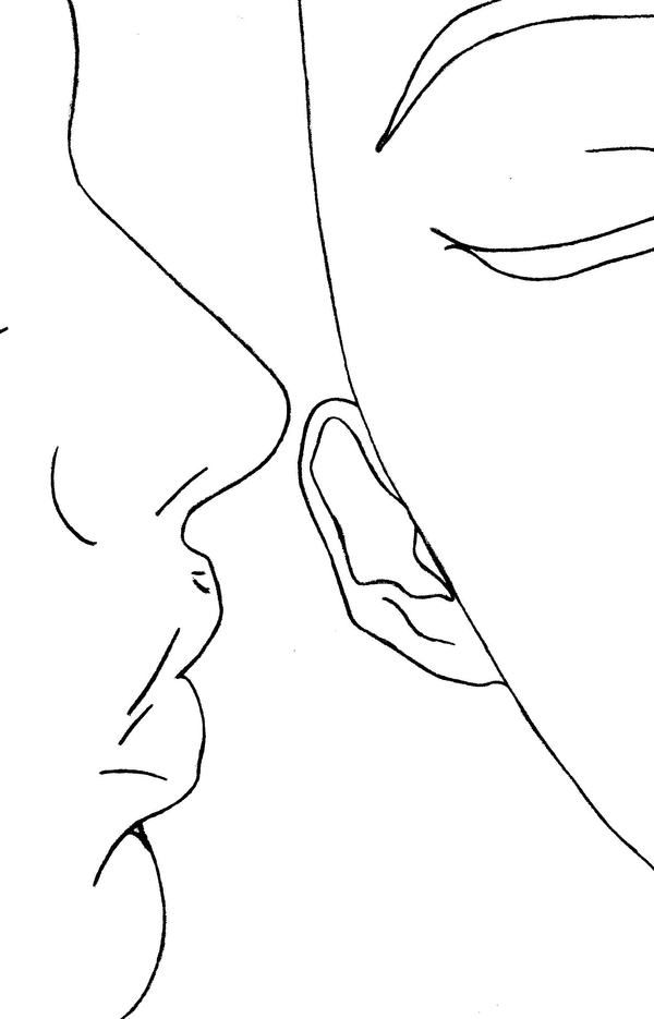 a black and white line drawing of two people's faces with their noses touching each other