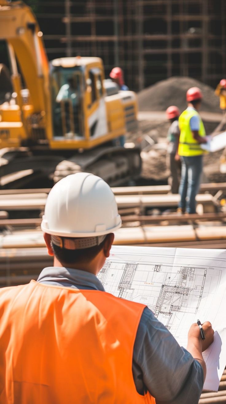 two construction workers are looking at blueprints