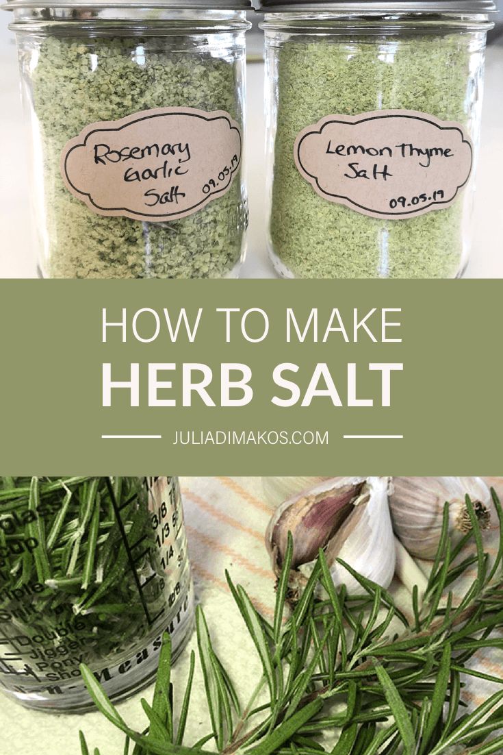 three jars filled with herbs and labeled how to make herb salt