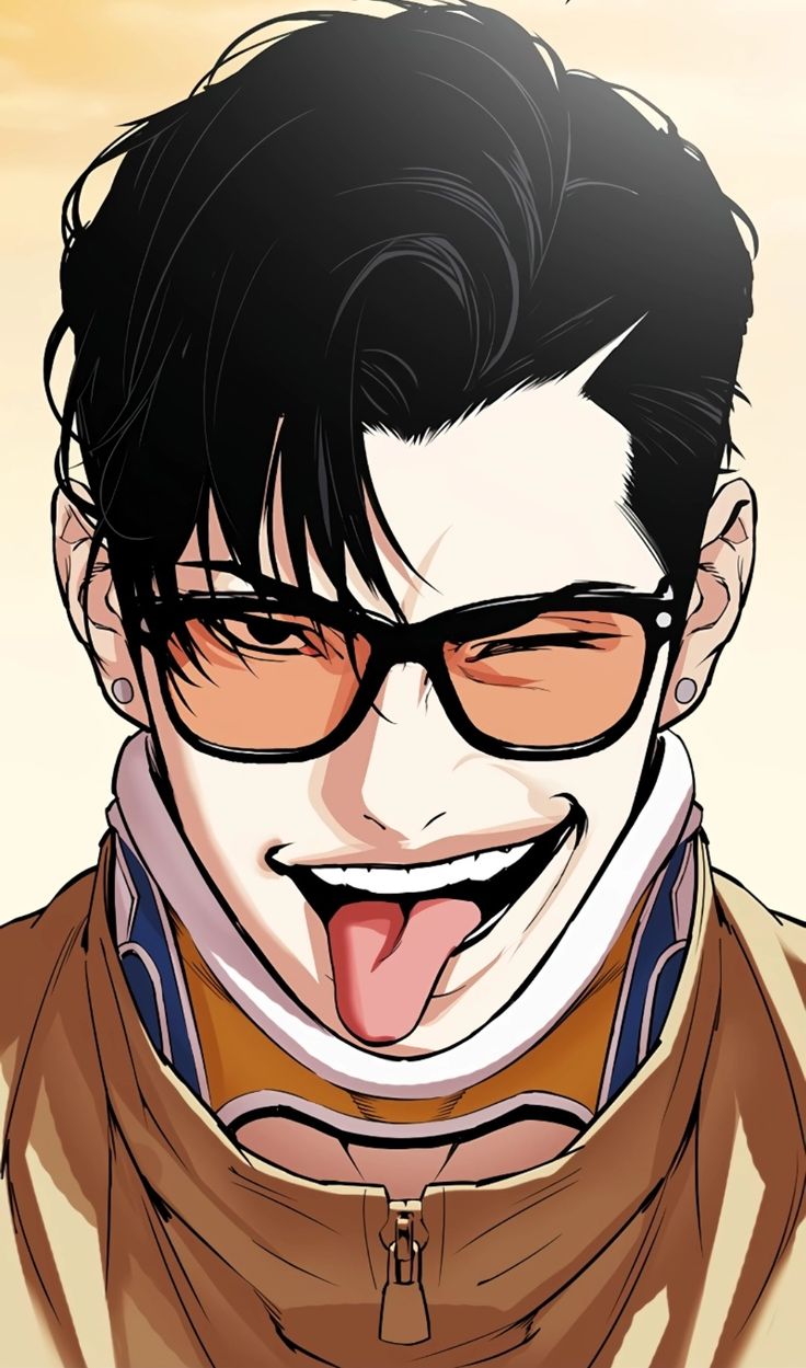 a man with his tongue out wearing glasses and a brown jacket is making a funny face