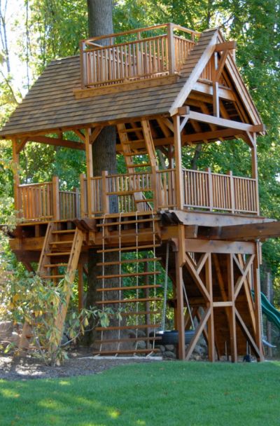 a tree house built into the side of a large tree in a park with stairs leading up to it