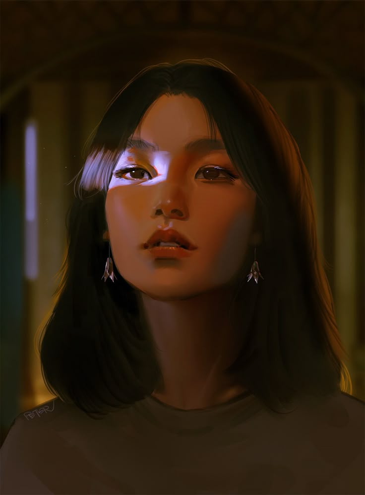 a digital painting of a woman with long dark hair and earrings on her head, looking off to the side