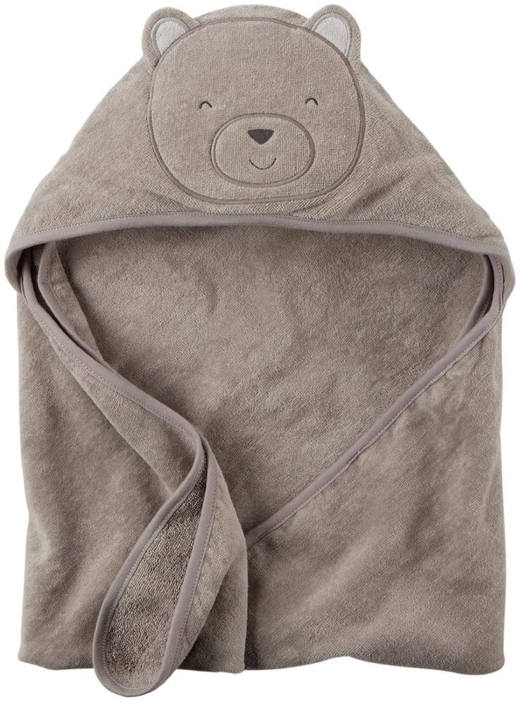 a hooded towel with a bear face on the front and back, in light grey