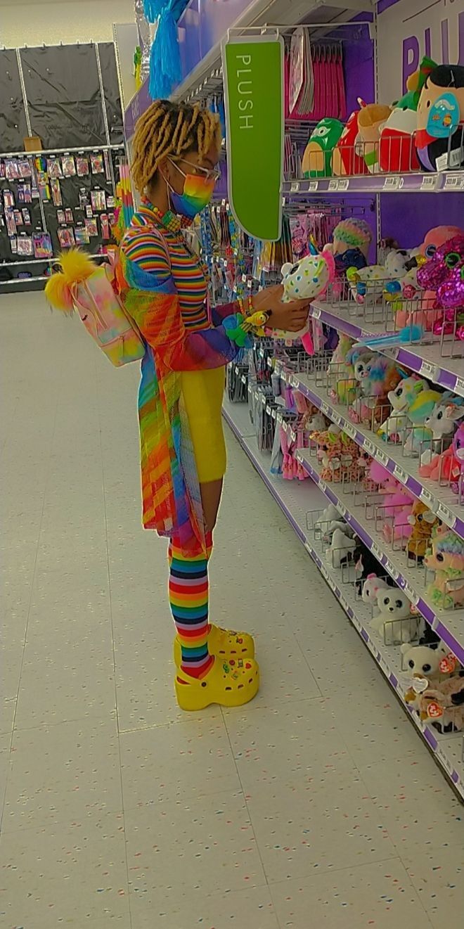 Weird Kid Outfits, Kandi Core Outfit, Clowncore Skirts, Rainbow Core Aesthetic Outfit, Rainbow Clown Outfit, Dream Core Clothes, Colorcore Outfit, Hyperpop Aesthetic Outfit, Craftcore Outfit