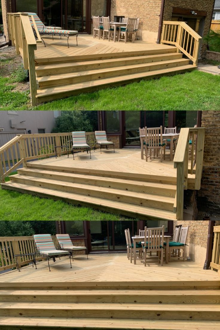 Highland Park IL wood deck design Wide Steps On Deck, Long Wide Deck Steps, Long Deck Steps, Deck With Long Steps, Deck With Open Stairs, Back Deck Steps Ideas, 2 Level Deck With Pergola, Walk Off Deck Ideas, Deck Steps Ideas Stairs Wood