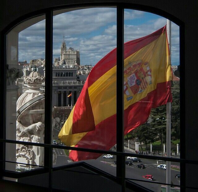 a flag flying in front of a large window