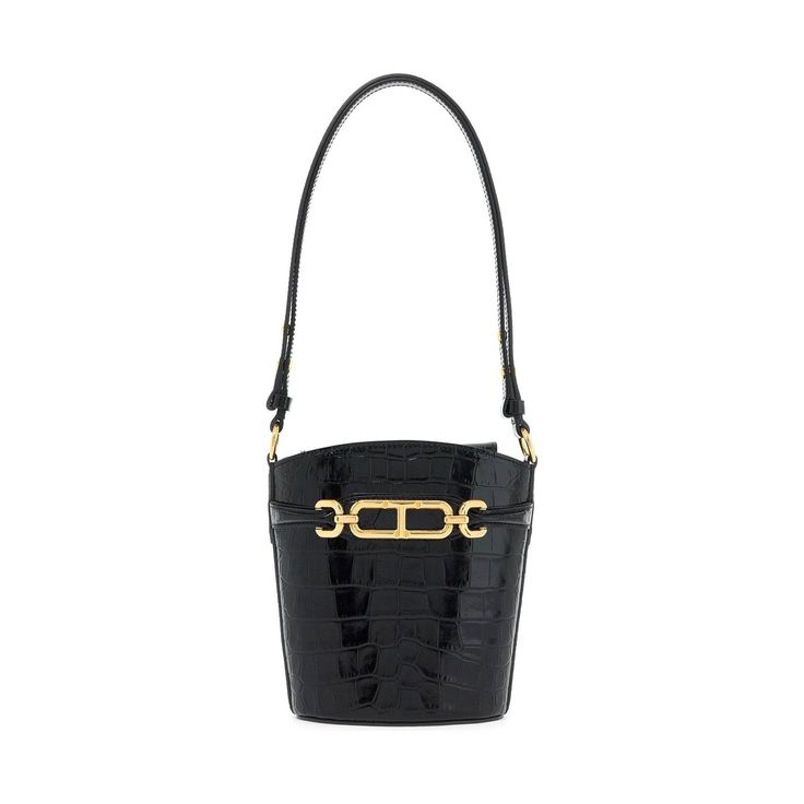 TOM FORD-Small Patent Croc-Embossed Whitney Bucket Bag -JOHN JULIA. Luxury Vintage Shoulder Bucket Bag, Metal Element, Metallic Accessories, Tom Ford Bag, Mini Bucket Bag, Bucket Handbags, Mini Bucket Bags, Mini Bucket, Crocodile Leather