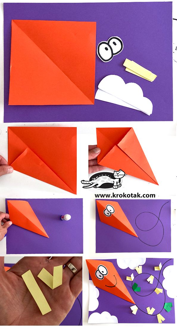 the steps to make an origami kite with construction paper and glue on it