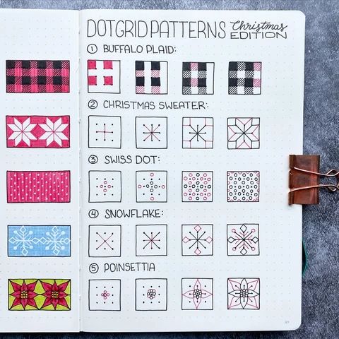 a page in a notebook with different patterns on it and some paper clippings attached to the pages