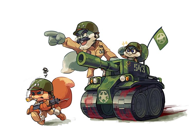 two cartoon characters are riding on top of a tank and another character is running behind them