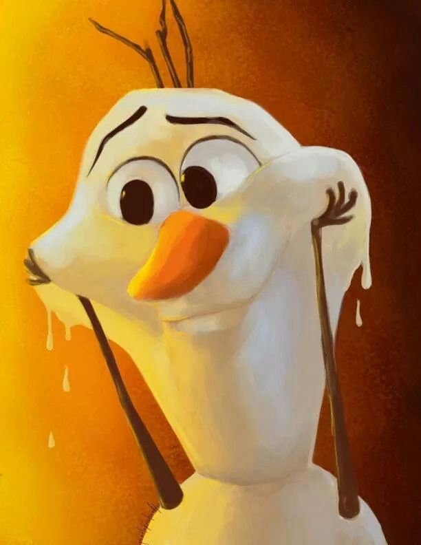 a painting of a snowman with an orange nose and brown nose, holding a stick