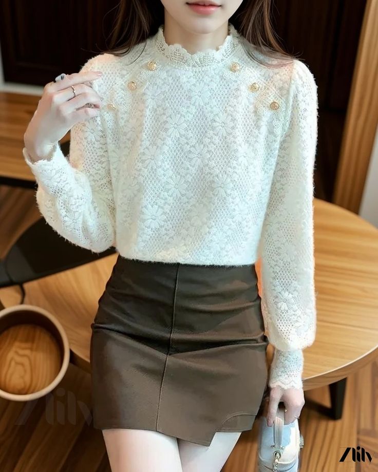 Zlily - Lace Long Sleeve Base Layer Top Feminine Long Sleeve Winter Tops, Feminine Winter Tops For Workwear, Cream Long Sleeve Blouse For Winter, Elegant Crew Neck Blouse For Winter, White Crew Neck Blouse For Winter, 125 Pounds, 110 Pounds, 140 Pounds, Layer Top