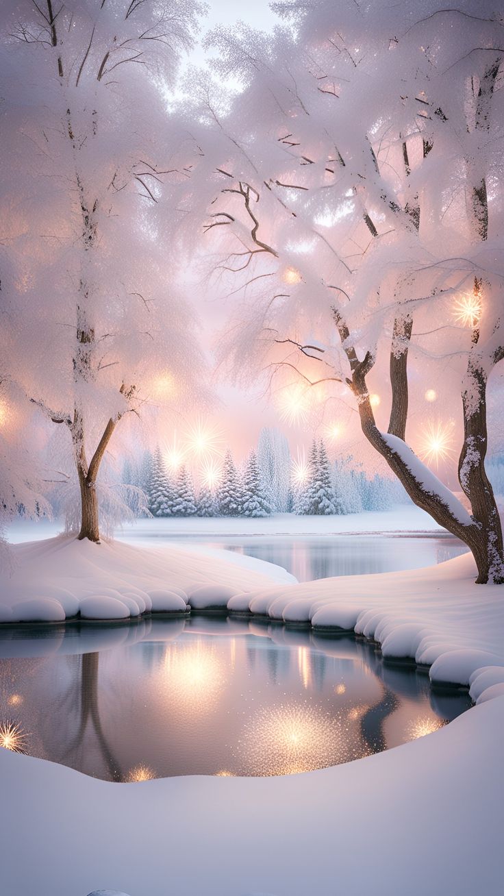 a pond surrounded by snow covered trees with lights shining on the water's surface