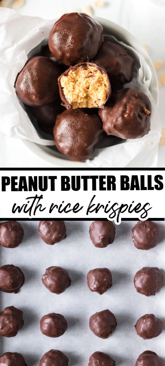 chocolate covered peanut butter balls in a white bowl and on a baking sheet with text overlay