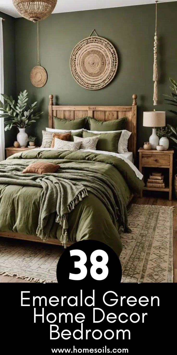 a bedroom with green bedding and pillows on the floor, text reads 38 emerald green home decor