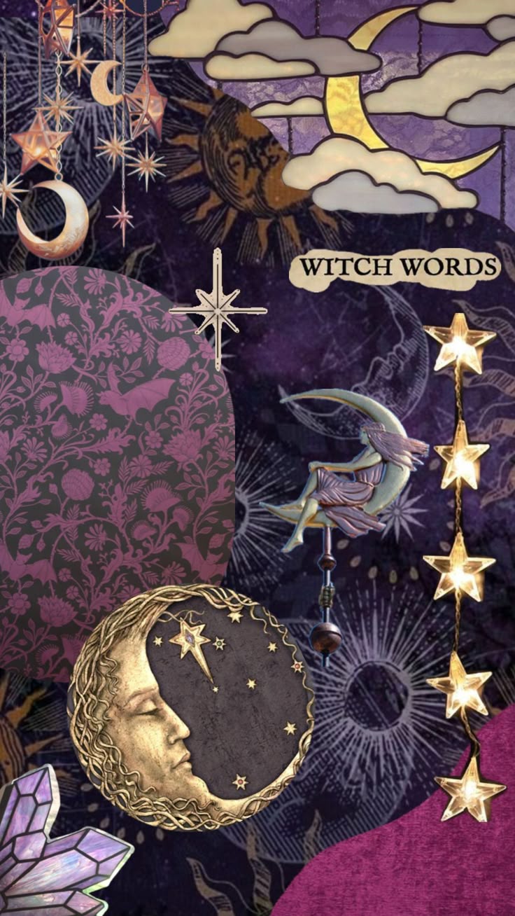 a collage of images with stars, moon and crescents on purple background that says witch words