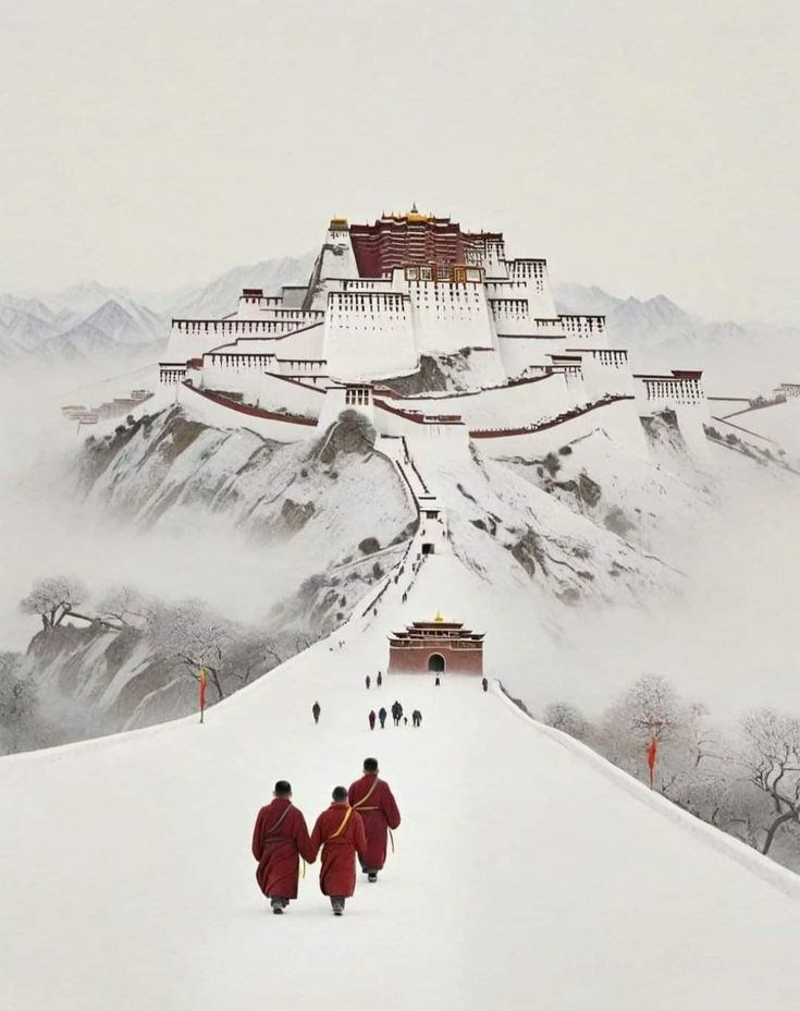 two people in red robes walk down a snowy path towards the great wall of china